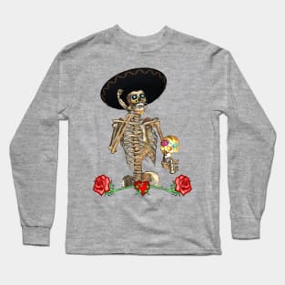 Funny sugar skull skeleton with mexican hat Long Sleeve T-Shirt